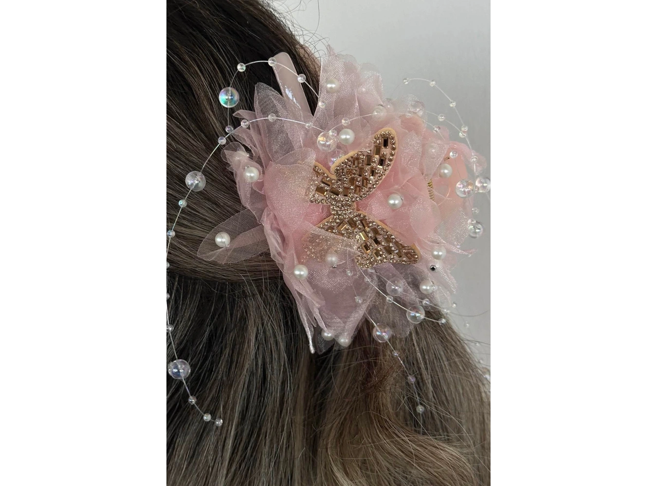 Pembe Renk Kelebek Figürlü İnci Detaylı Mandal  Toka