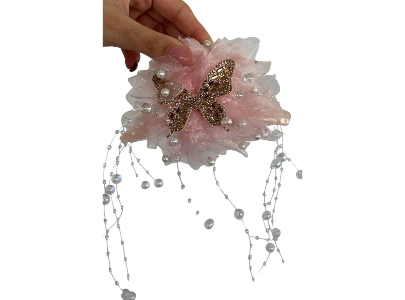 Pembe Renk Kelebek Figürlü İnci Detaylı Mandal  Toka