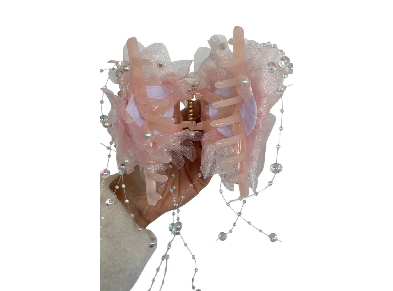 Pembe Renk Kelebek Figürlü İnci Detaylı Mandal  Toka