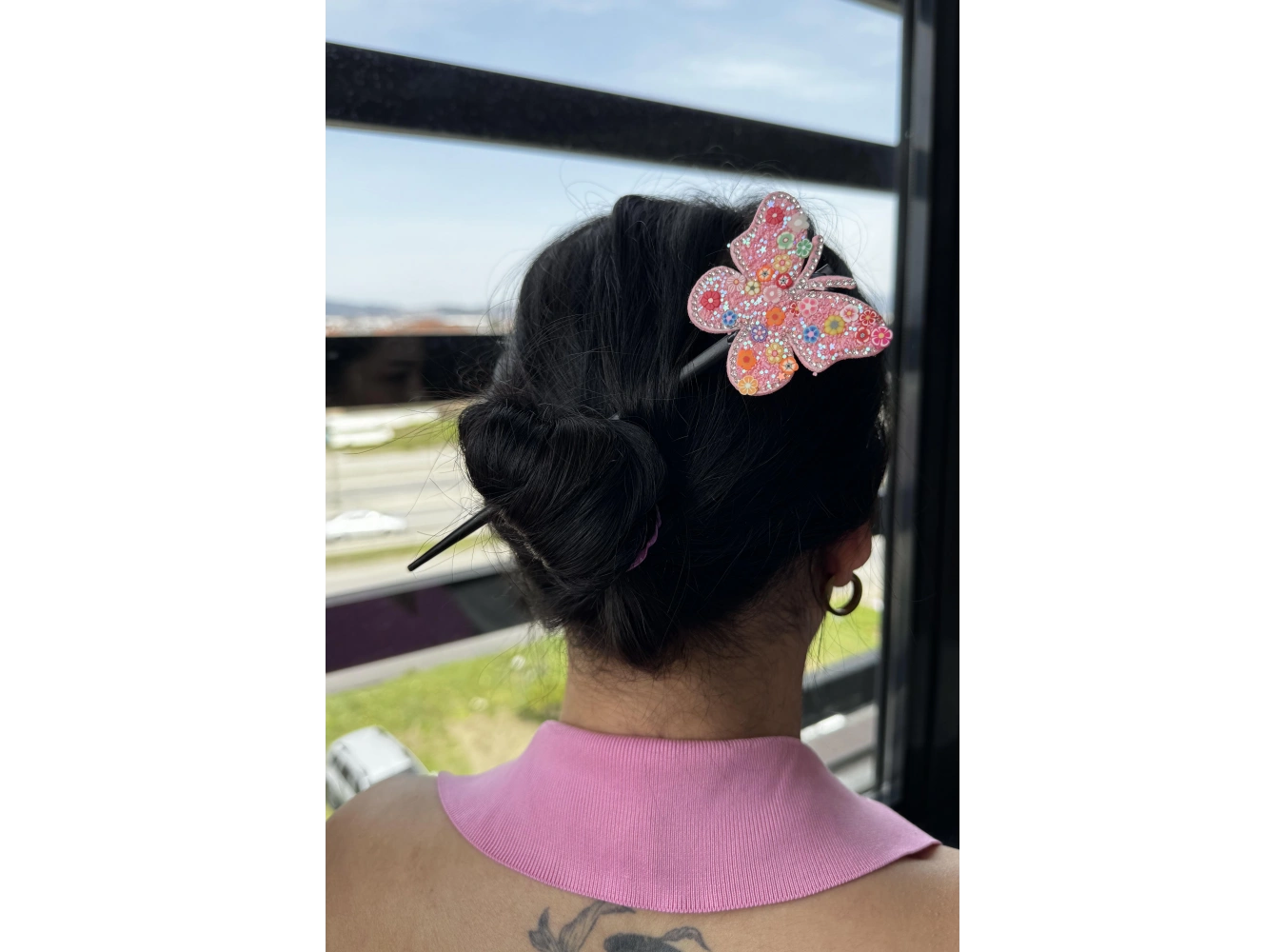 Pembe Renk Kelebek Figürlü Topuz Tokası/Topuz Kalemi