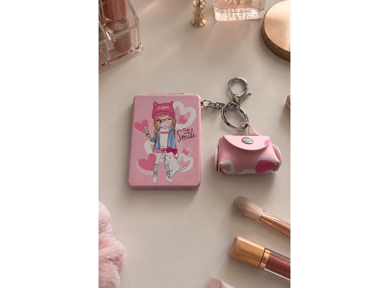 Pembe Renk Kız Detaylı Cep Aynası/Çanta Charm