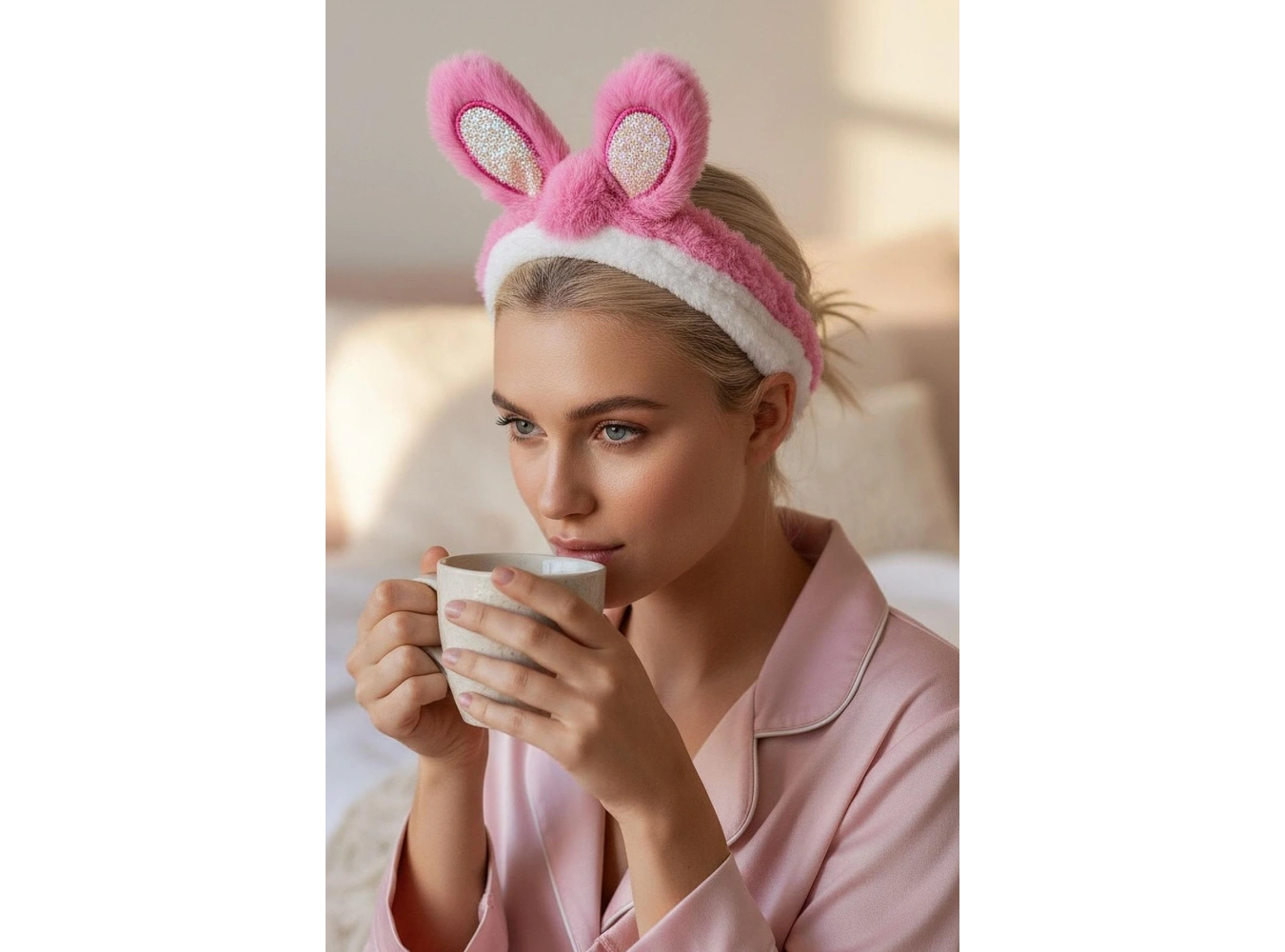 Pembe Renk Kulak Detaylı Peluş Saç Bandı