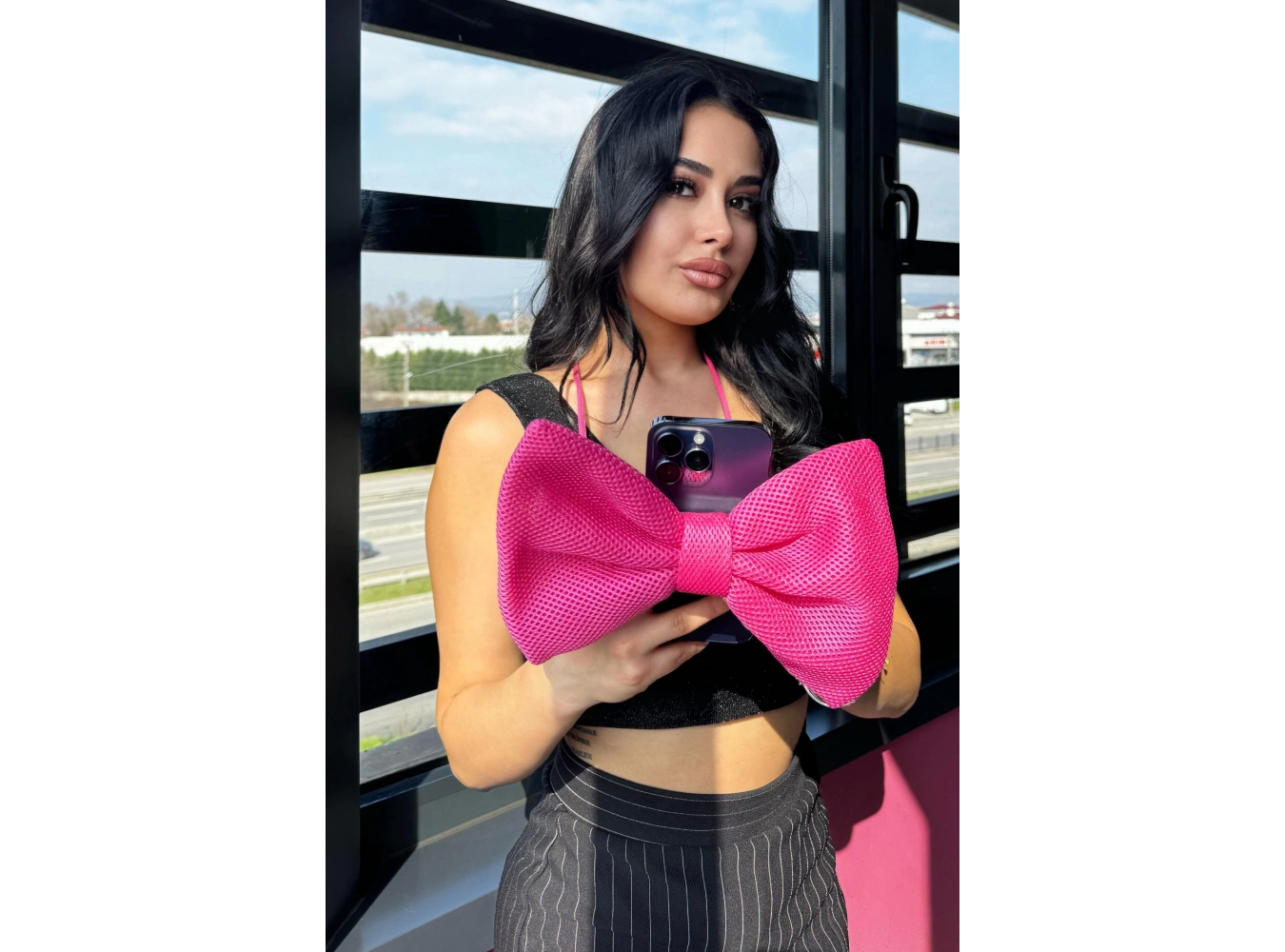 Pembe Renk Kurdele Detaylı İpli Telefon Askısı
