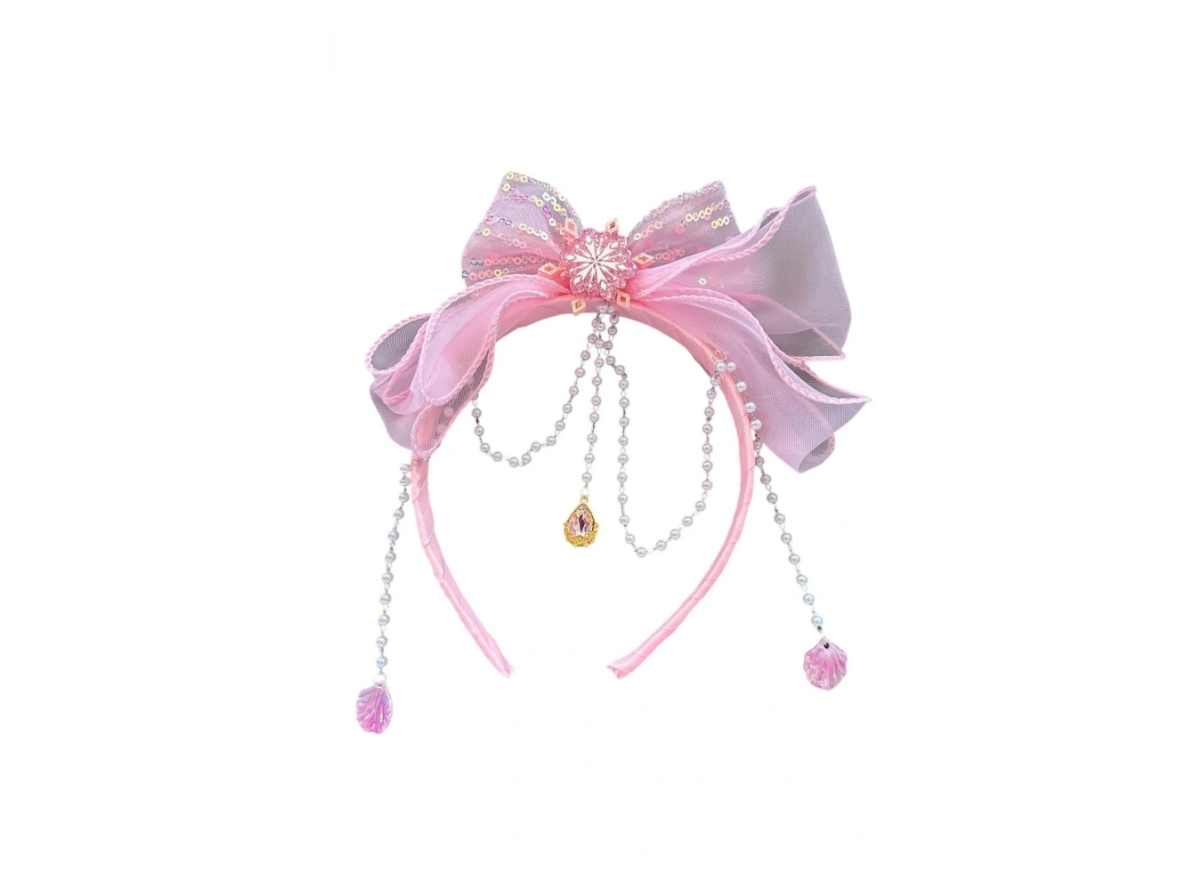 Pembe Renk Kurdele Figürlü İnci Detaylı Çocuk Taç