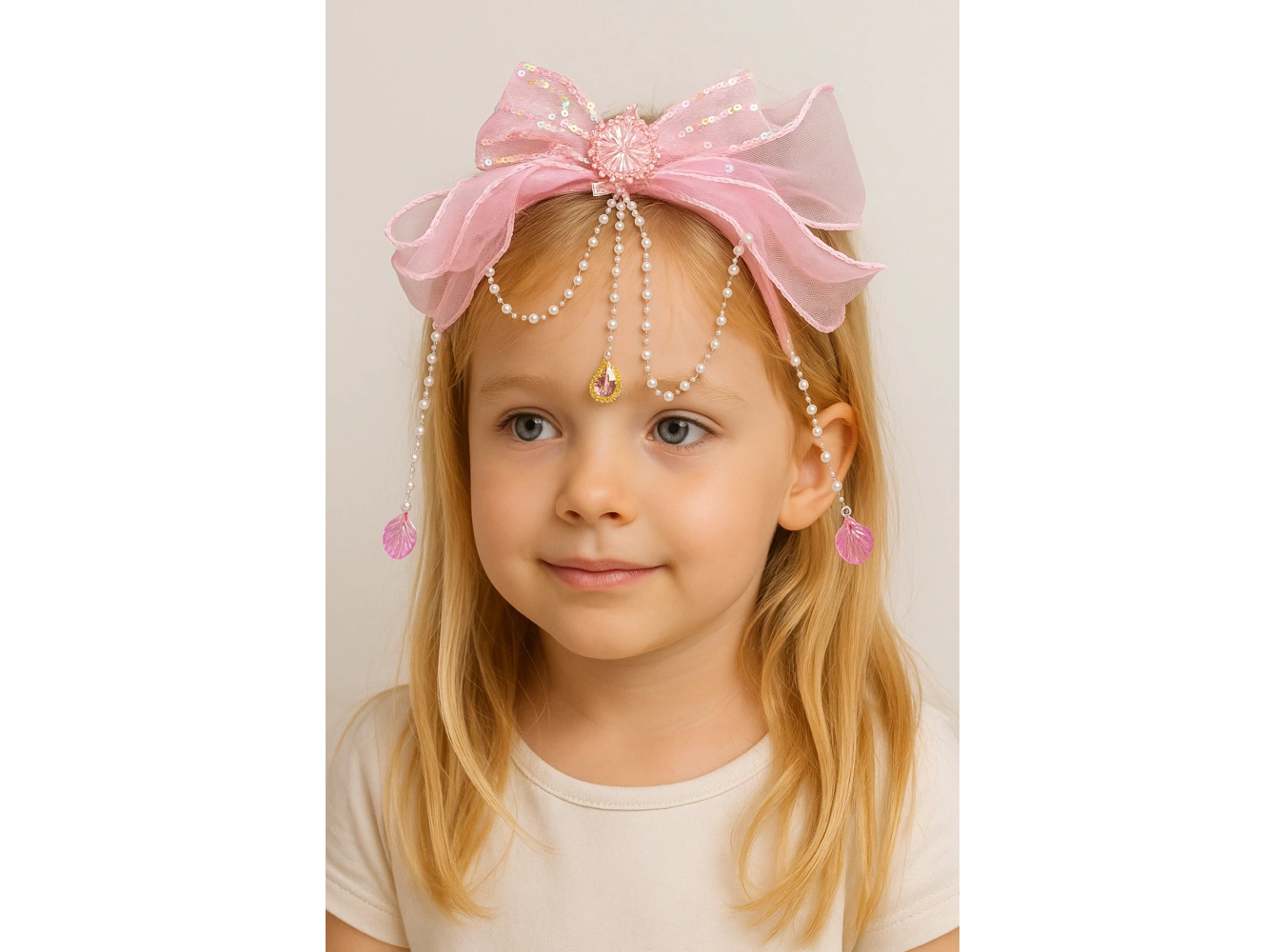 Pembe Renk Kurdele Figürlü İnci Detaylı Çocuk Taç