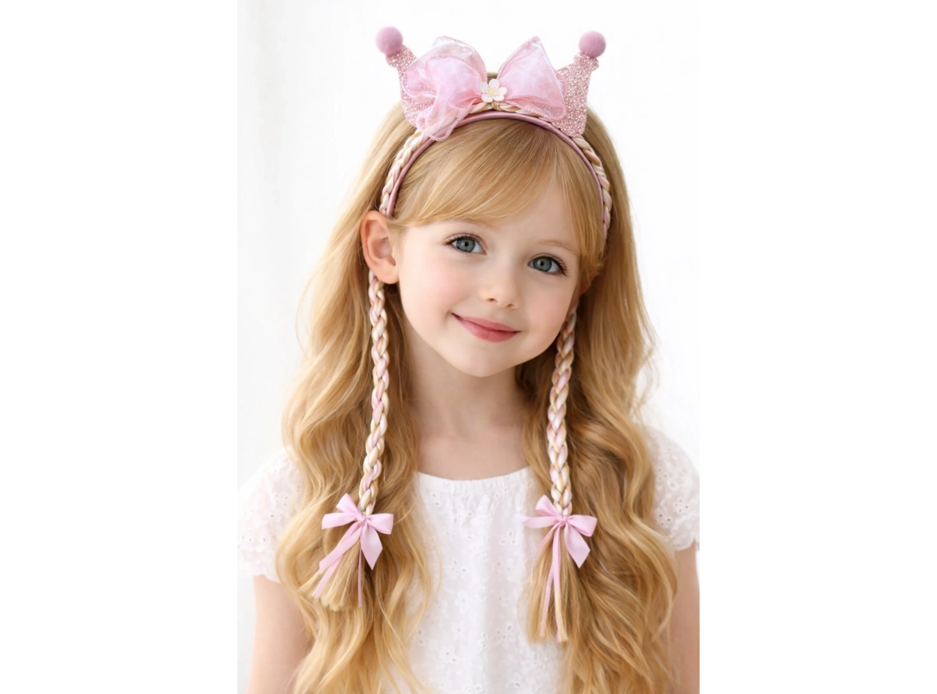 Pembe Renk Kurdele Figürlü Örgü Detaylı Çocuk Taç