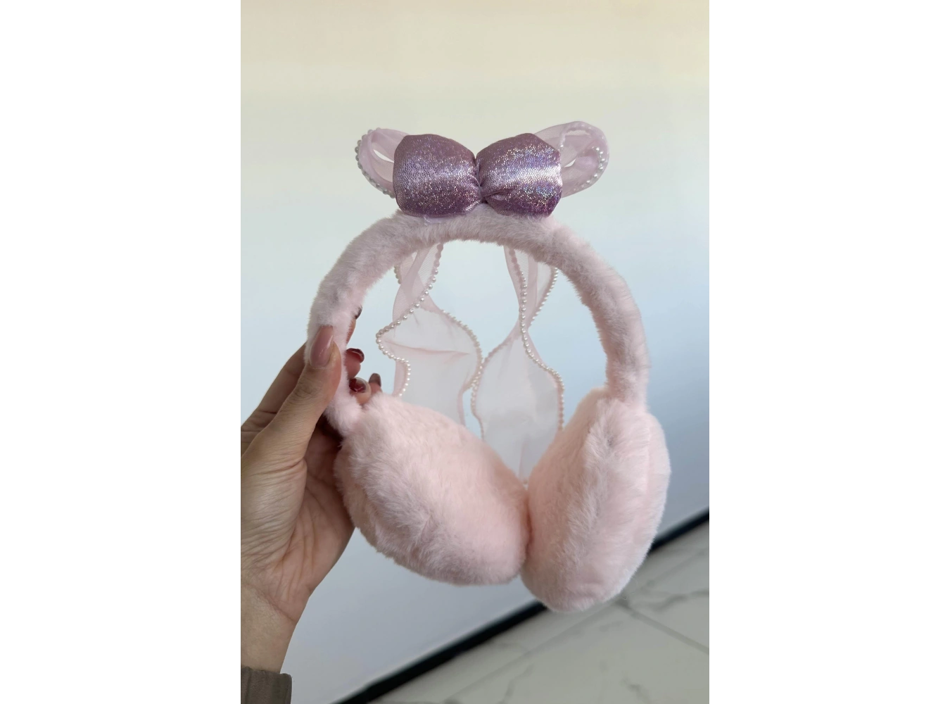 Pembe Renk Kurdele Figürlü Peluş Kulaklık