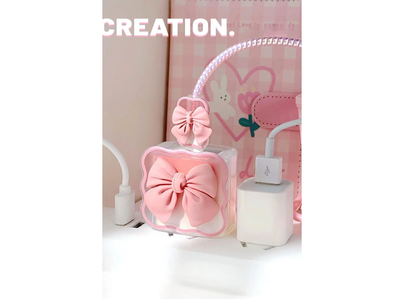 Pembe Renk Kurdele Figürlü Şarj Kablosu/ Adaptör Koruyucu Kılıf