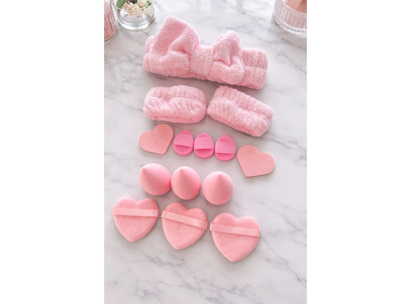 Pembe Renk Kurdele Figürlü Su Emici Havlu Bileklik/Saç Bandı/Makyaj Süngeri Set