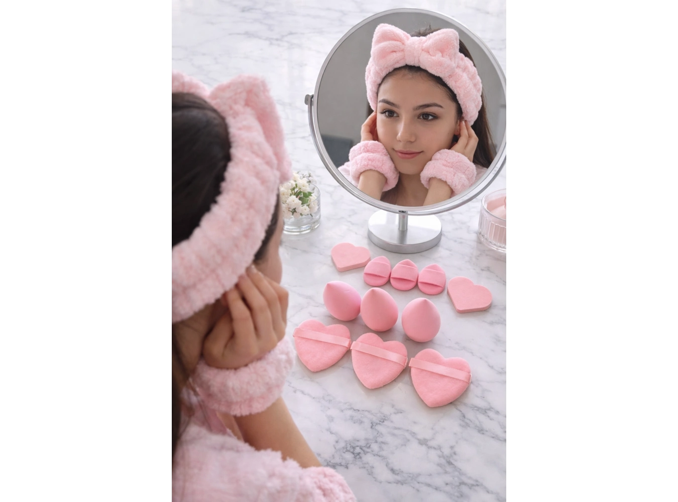 Pembe Renk Kurdele Figürlü Su Emici Havlu Bileklik/Saç Bandı/Makyaj Süngeri Set