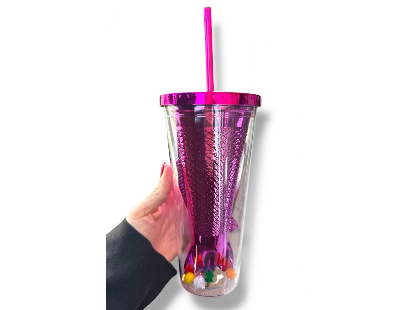 Pembe Renk Kuyruk Figürlü Ponpon Detaylı Pipetli Suluk