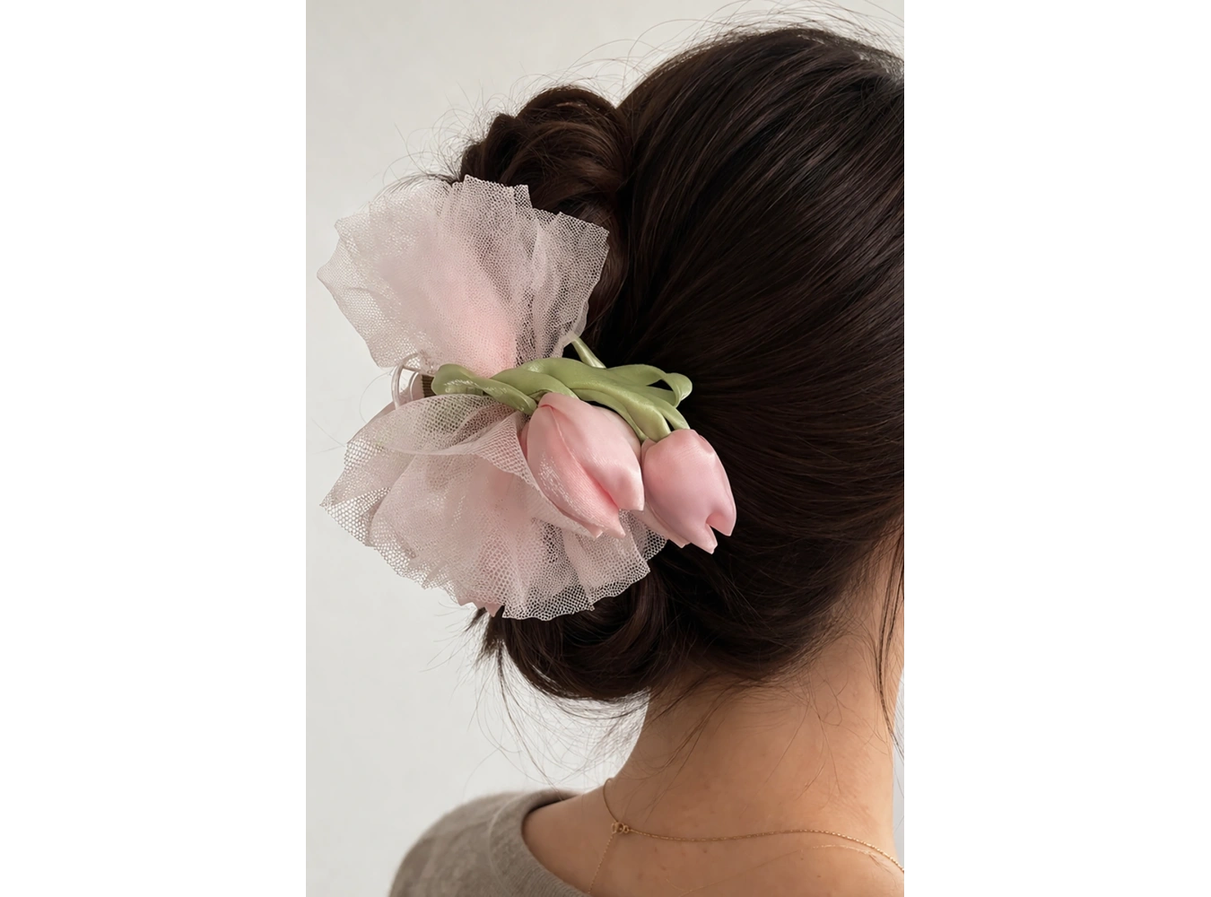 Pembe Renk Lale Figürlü Tül Detaylı Mandal Toka