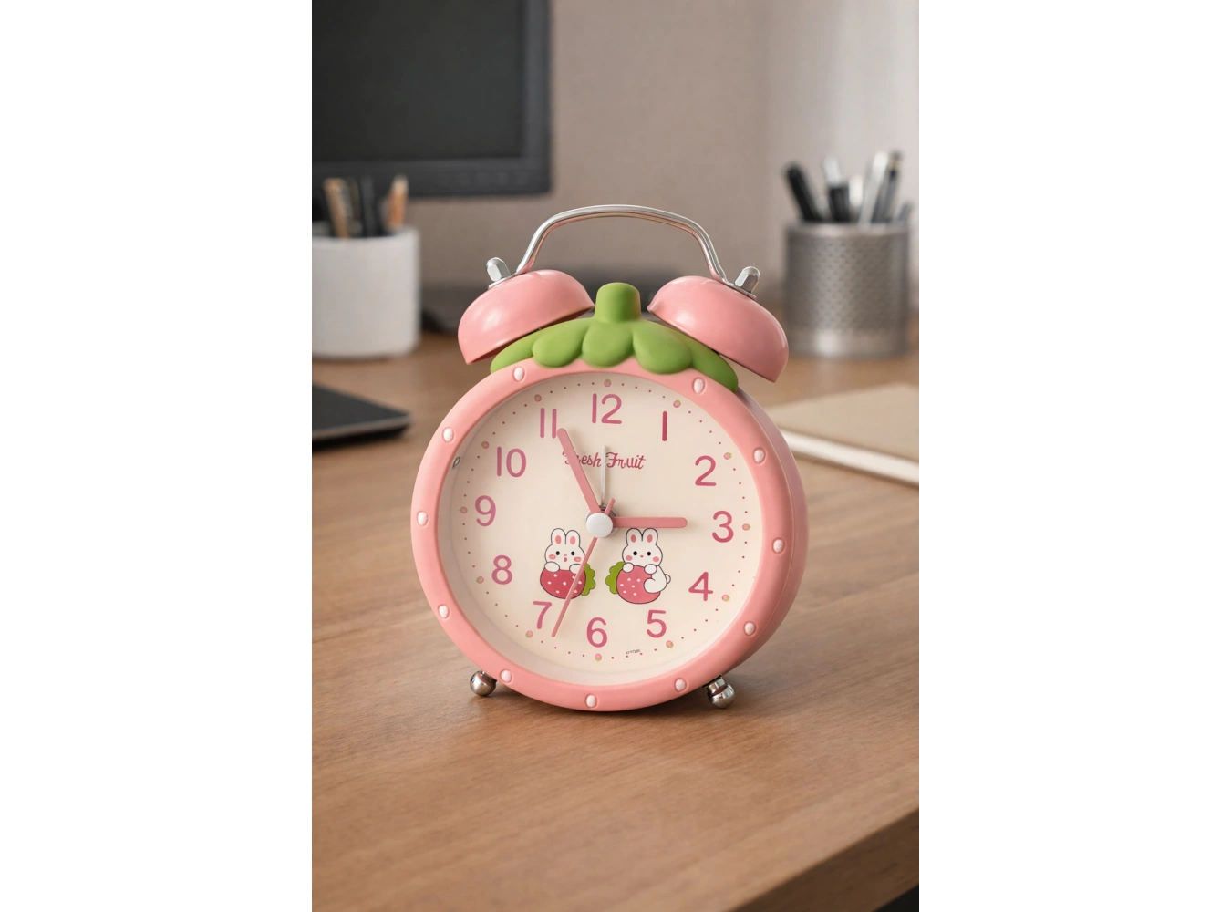 Pembe Renk Mini Dekoratif Işıklı Alarmlı Yuvarlak Masa Saati