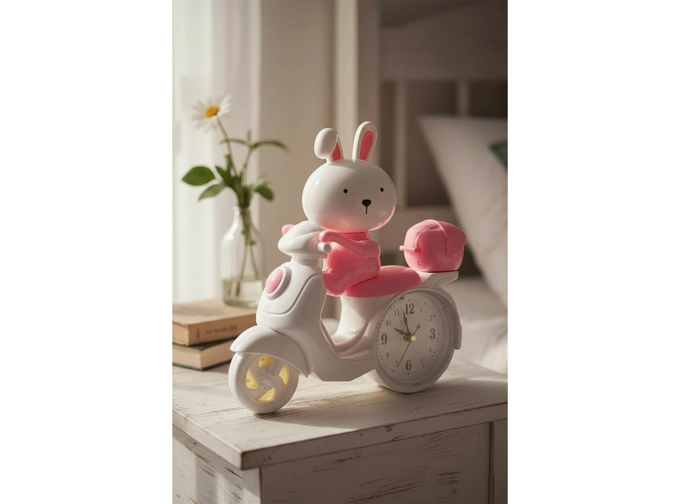 Pembe Renk Motor Figürlü Mini Dekoratif Alarmlı Yuvarlak Masa Saati