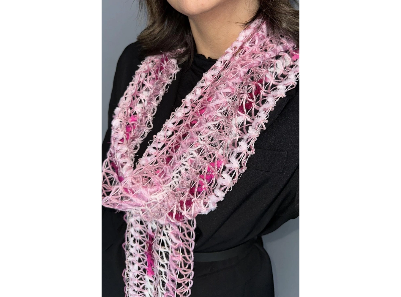 Pembe Renk Örgü Detaylı Şal