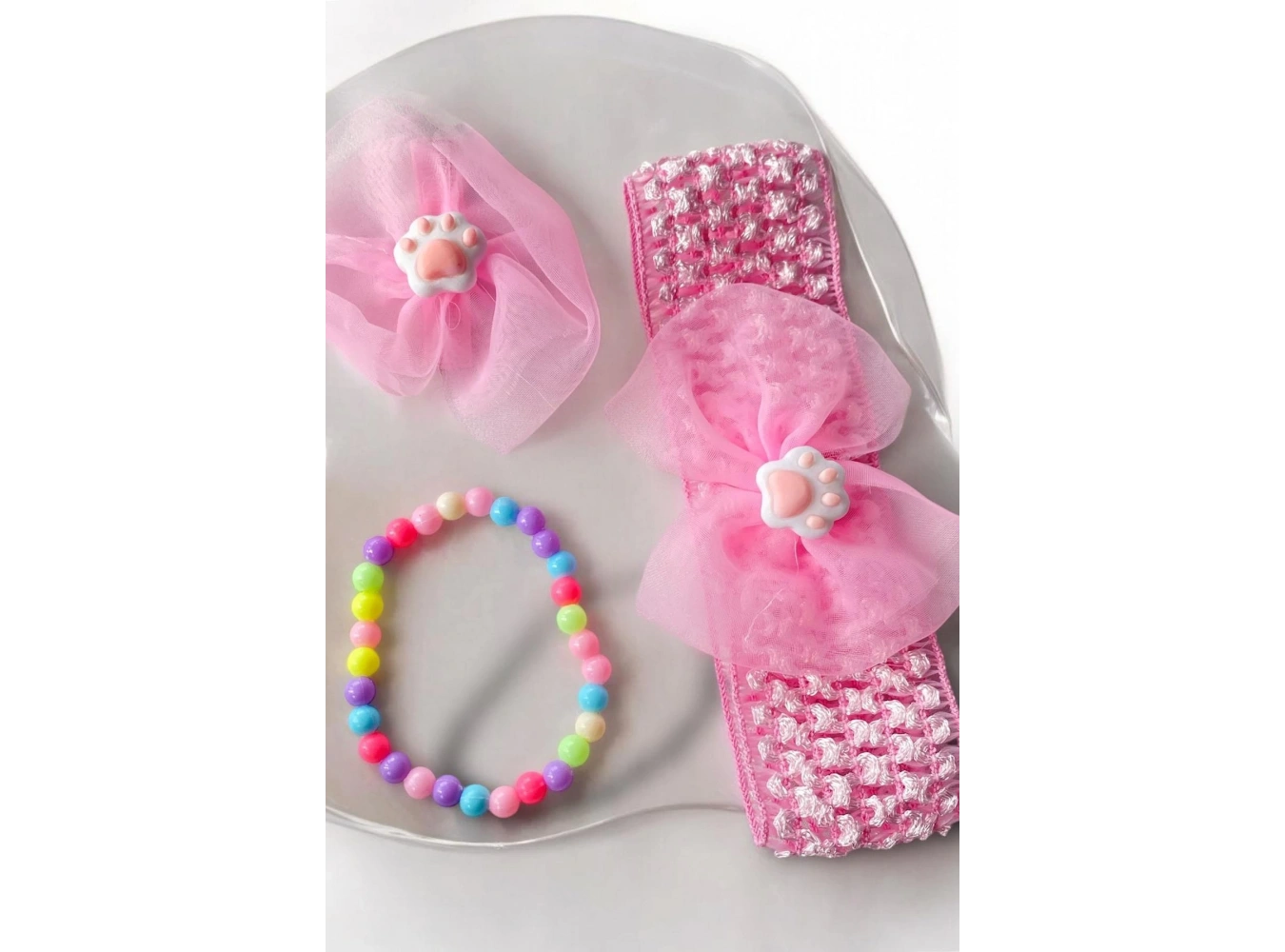 Pembe Renk Pati Figürlü Saç Bandı,Yan Toka,Bileklik Set