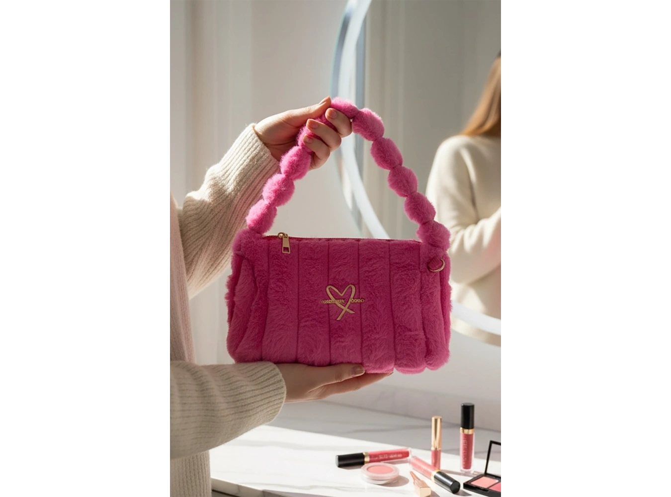 Pembe Renk Peluş Makyaj Çantası