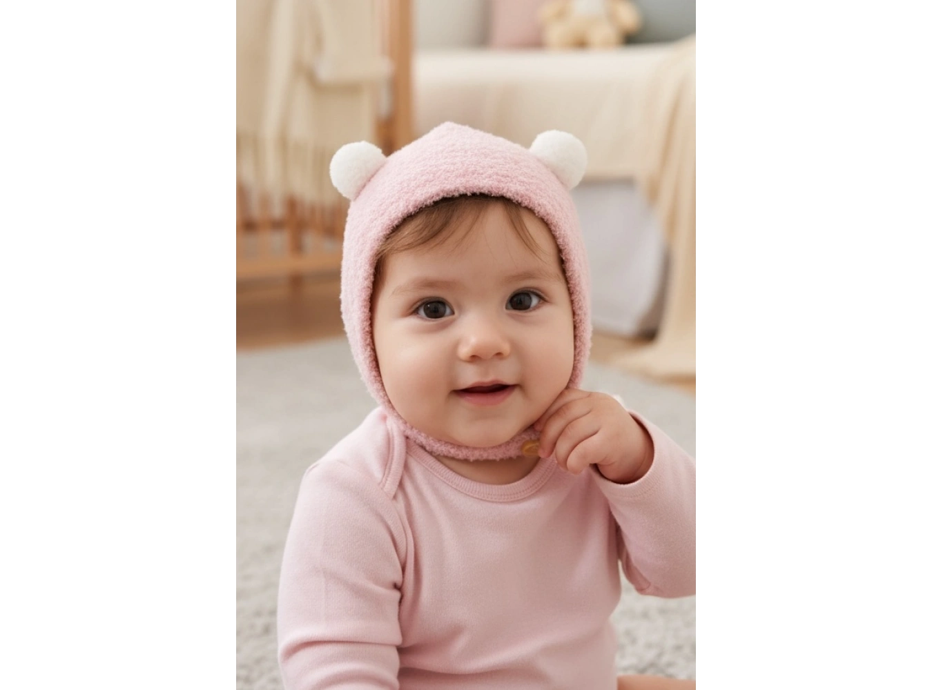 Pembe Renk Ponpon Detaylı Bebek Peluş Şapka