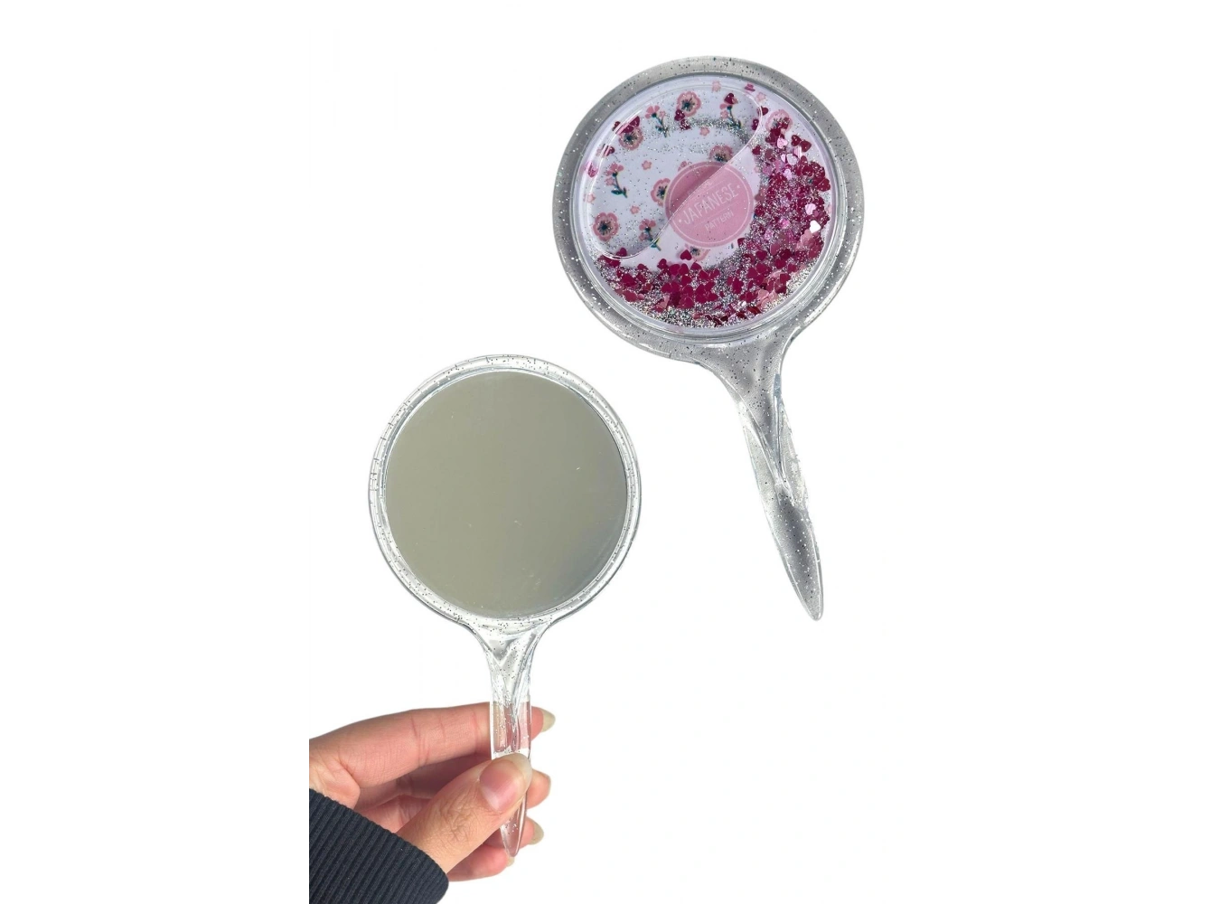 Pembe Renk Pul Detaylı Çiçek Figürlü El Aynası