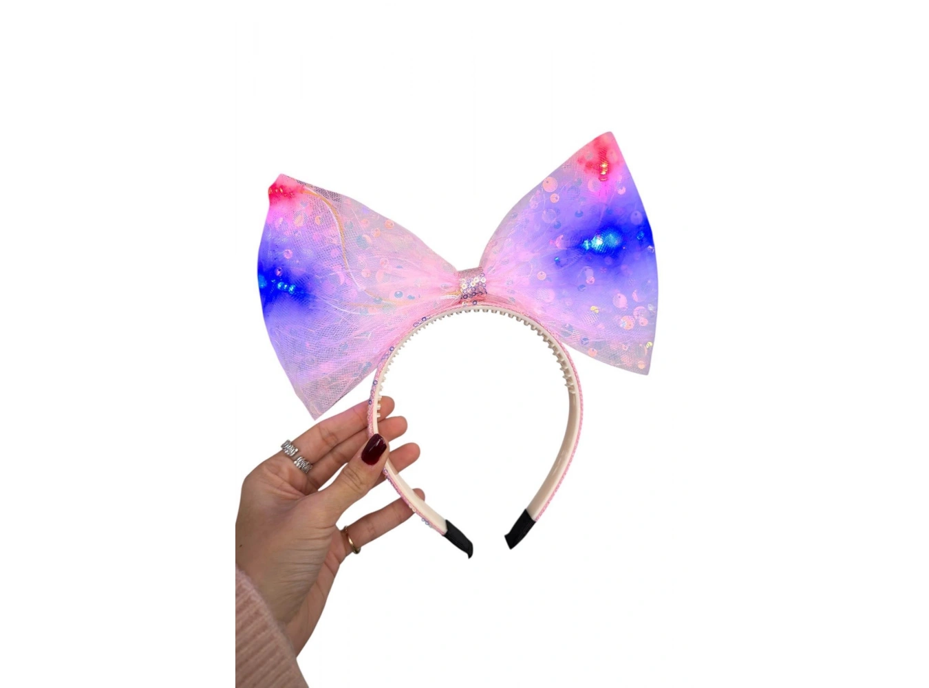 Pembe Renk Pullu Kurdele Figürlü Işıklı Taç