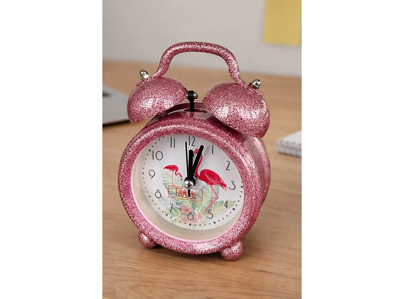 Pembe Renk Simli Mini Dekoratif Işıklı Alarmlı Yuvarlak Masa Saati