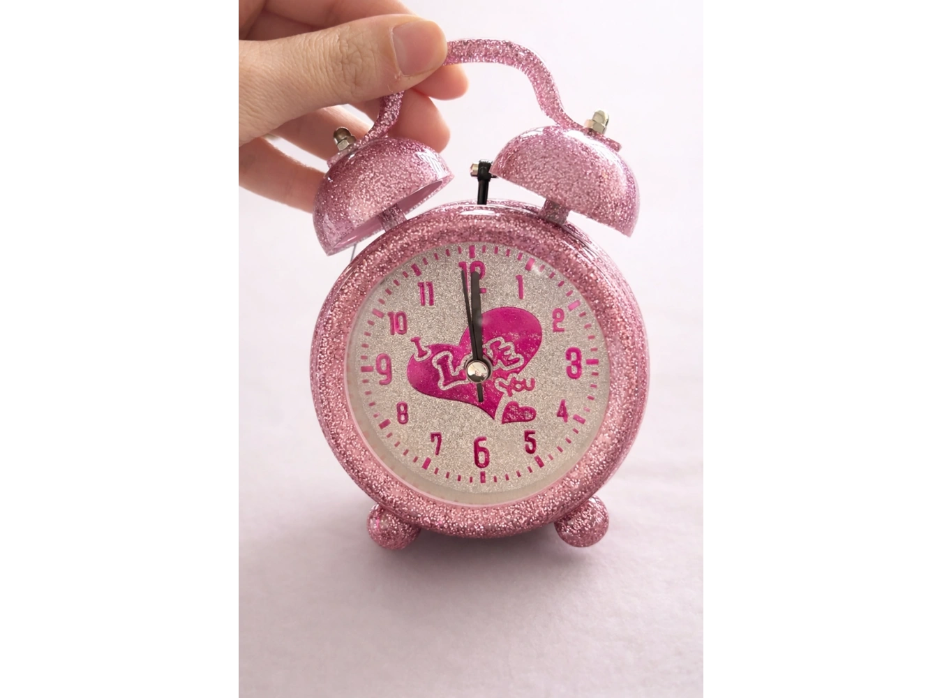 Pembe Renk Simli Mini Dekoratif Işıklı Alarmlı Yuvarlak Masa Saati