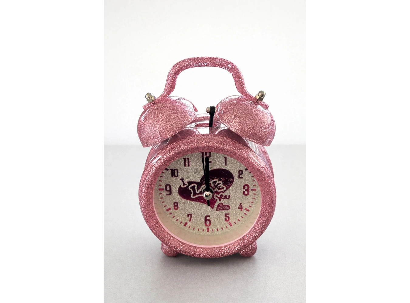 Pembe Renk Simli Mini Dekoratif Işıklı Alarmlı Yuvarlak Masa Saati