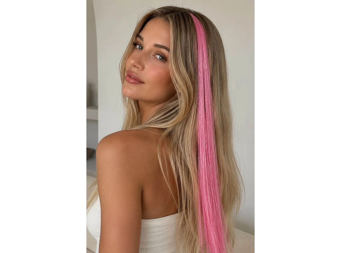 Pembe Renk Simli Yan Postiş Hair Tinsel Shiny Hair (50 Cm)