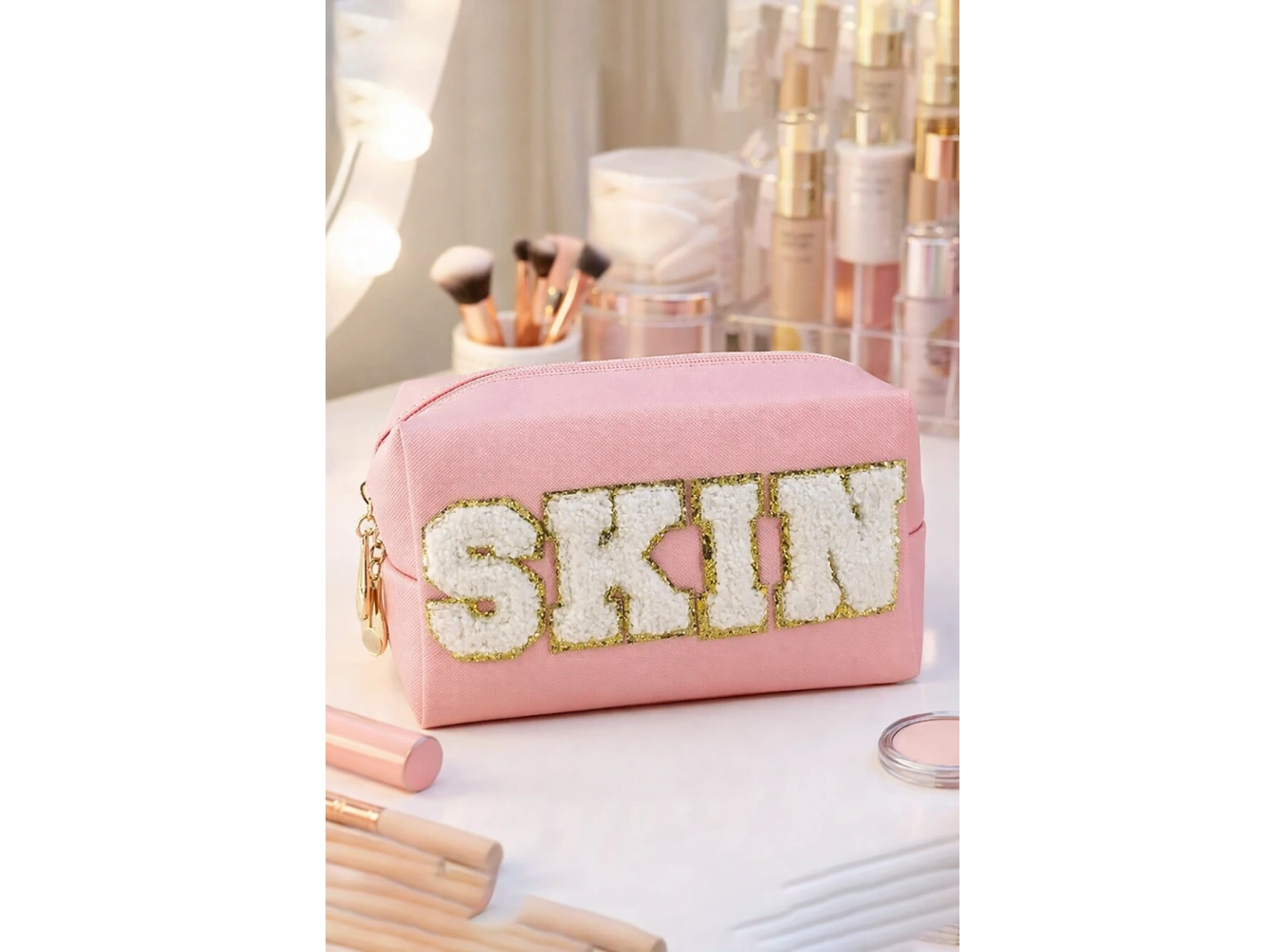 Pembe Renk Skın Yazılı Makyaj Çantası
