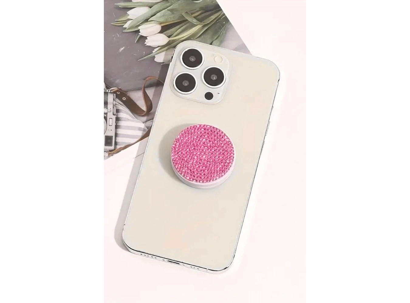 Pembe Renk Taş Detaylı 3D Telefon Tutacağı