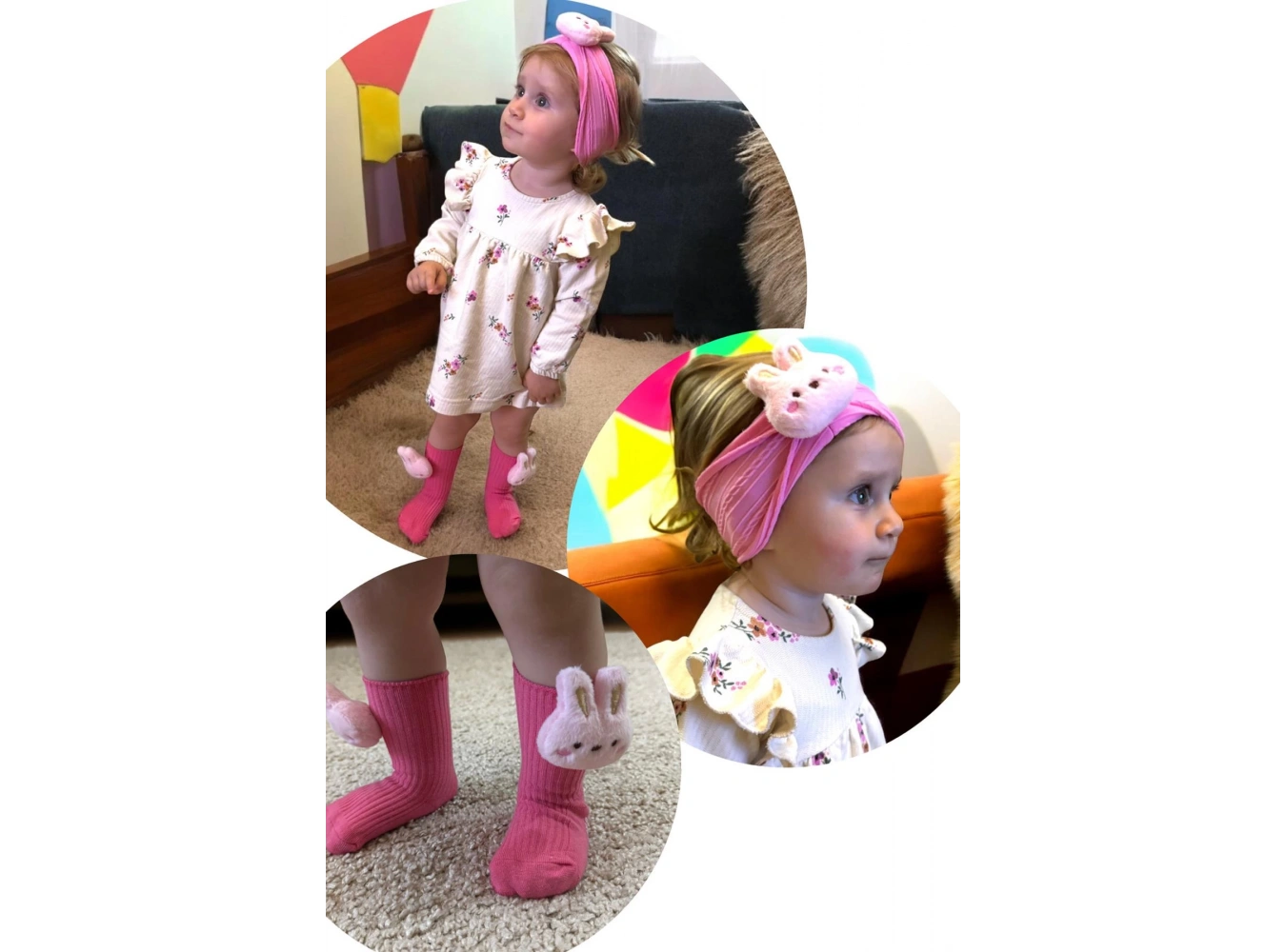 Pembe Renk Tavşan Figürlü Çocuk Saç Bandı Ve Çorap Set