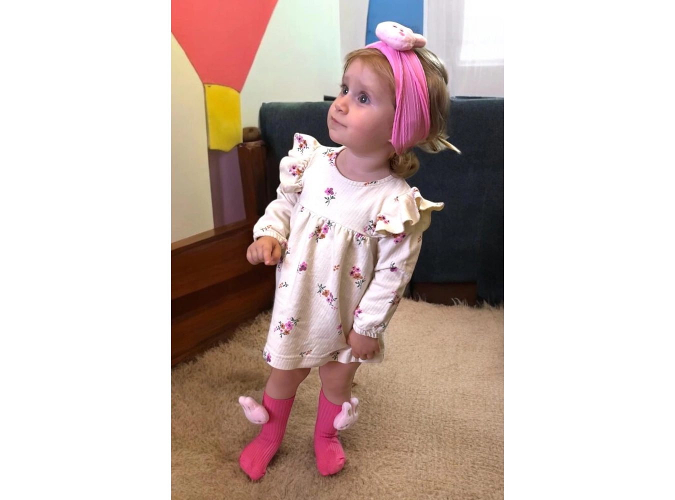 Pembe Renk Tavşan Figürlü Çocuk Saç Bandı Ve Çorap Set