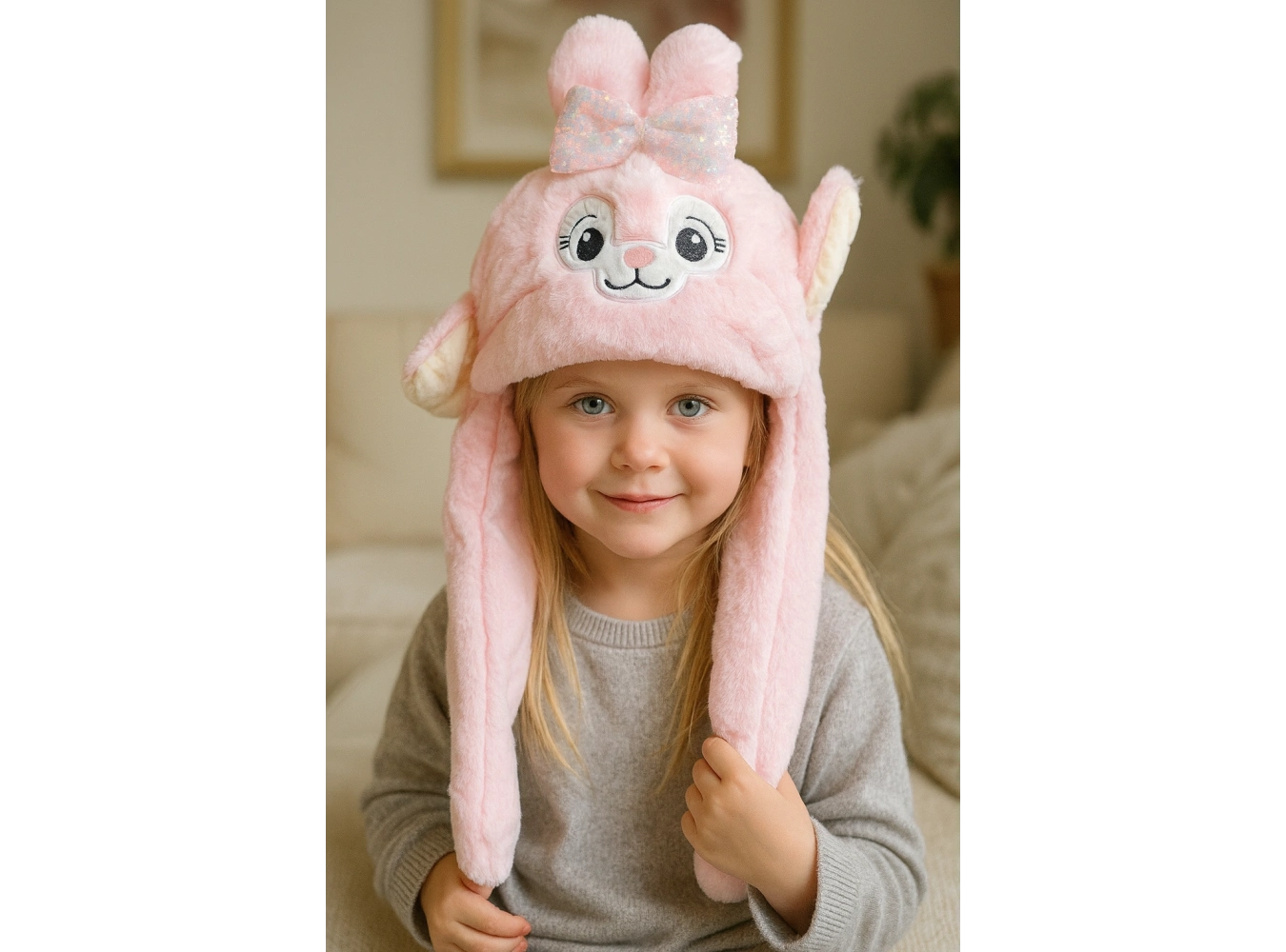 Pembe Renk Tavşan Figürlü Kulakları Oynayan Peluş Şapka