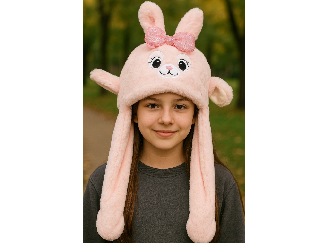 Pembe Renk Tavşan Figürlü Kulakları Oynayan Peluş Şapka