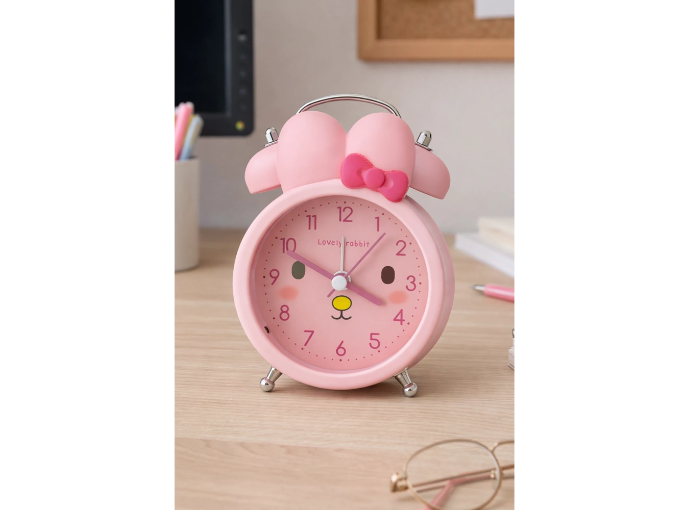 Pembe Renk Tavşan Figürlü Mini Dekoratif Işıklı Alarmlı Yuvarlak Masa Saati