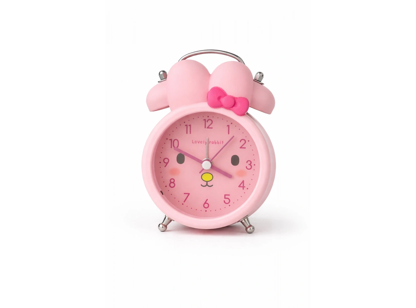 Pembe Renk Tavşan Figürlü Mini Dekoratif Işıklı Alarmlı Yuvarlak Masa Saati