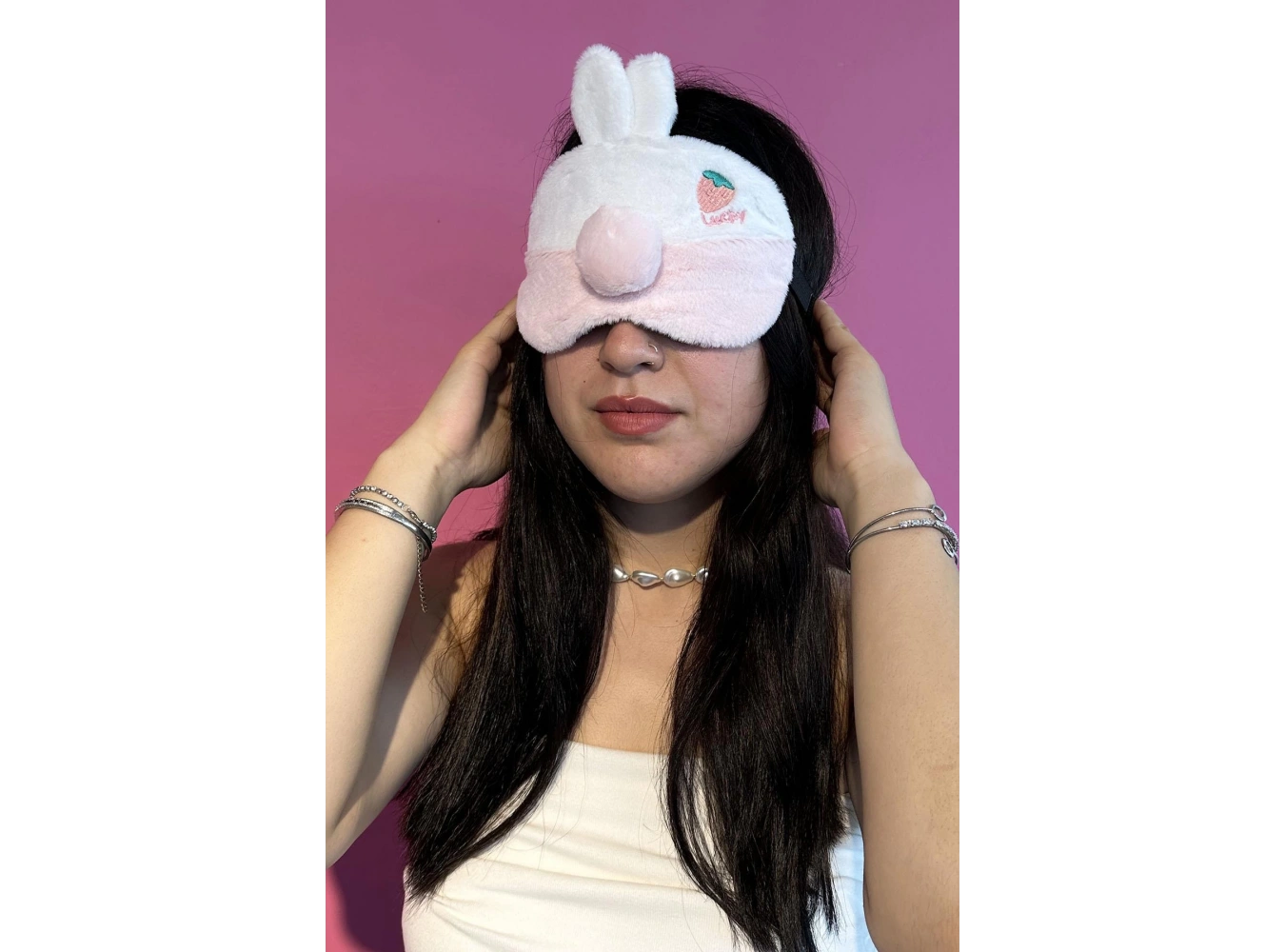 Pembe Renk Tavşan Figürlü Peluş Uyku Bandı