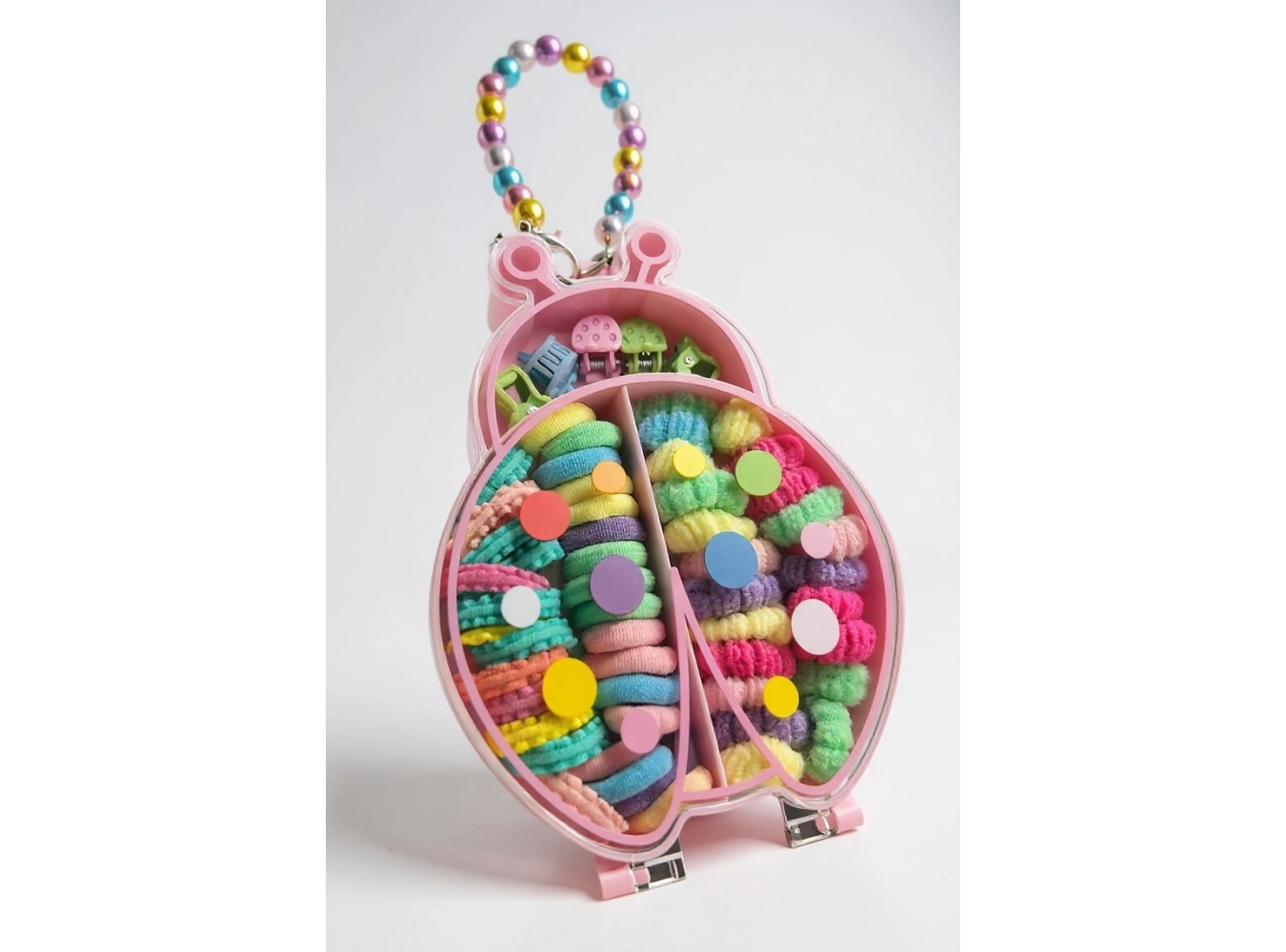 Pembe Renk Uğur Böceği Figürlü Boncuklu Çantalı Toka Seti