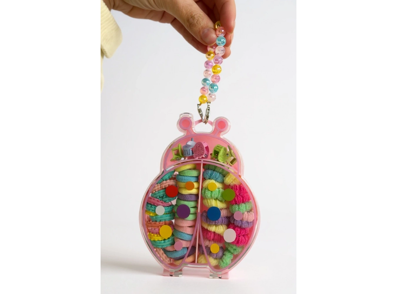 Pembe Renk Uğur Böceği Figürlü Boncuklu Çantalı Toka Seti