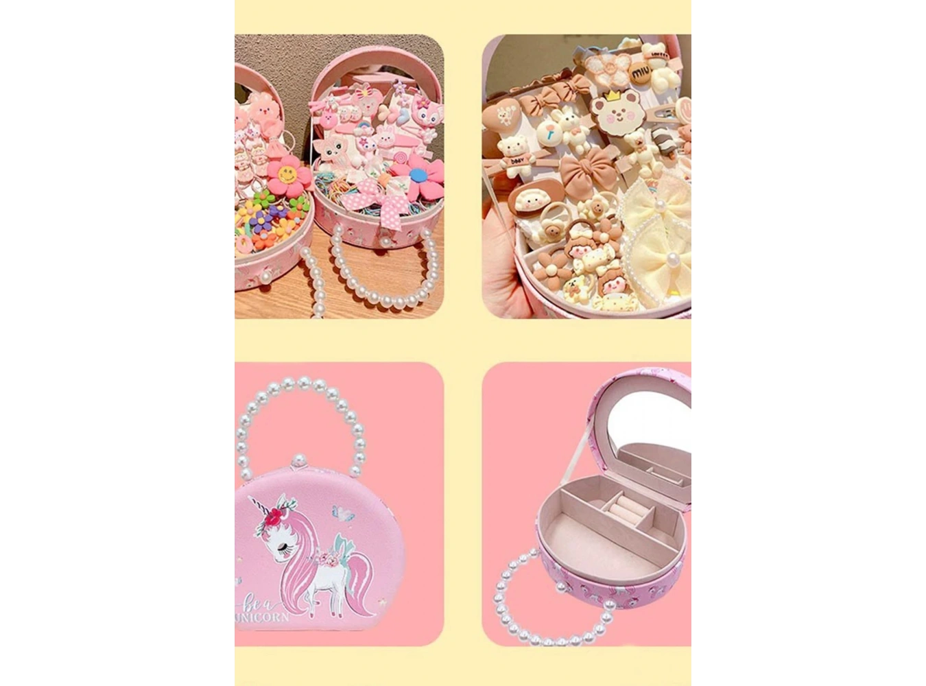 Pembe Renk Unicorn Figürlü İnci Detaylı Çanta Detaylı Takı Kutusu/Organizer