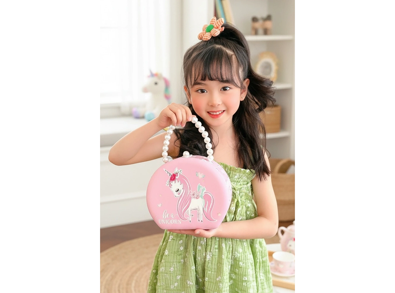 Pembe Renk Unicorn Figürlü İnci Detaylı Çanta Detaylı Takı Kutusu/Organizer