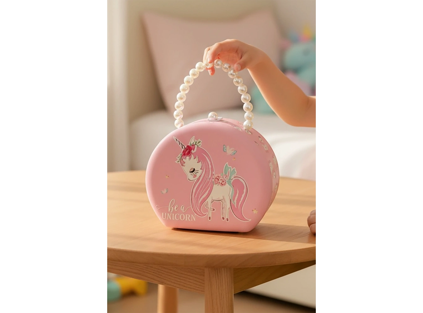 Pembe Renk Unicorn Figürlü İnci Detaylı Çanta Detaylı Takı Kutusu/Organizer