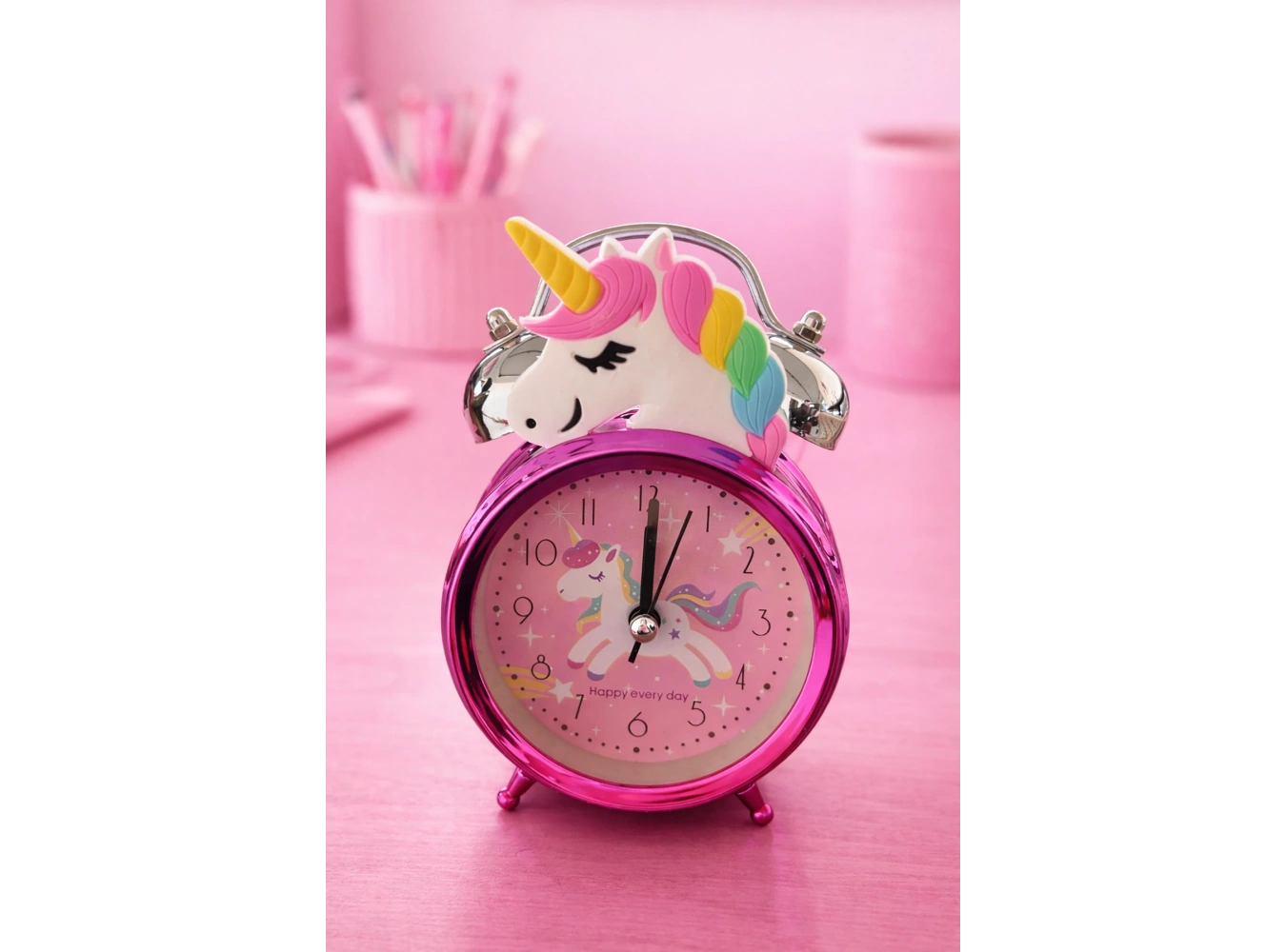 Pembe Renk Unicorn Figürlü Mini Dekoratif Işıklı Alarmlı Yuvarlak Masa Saati