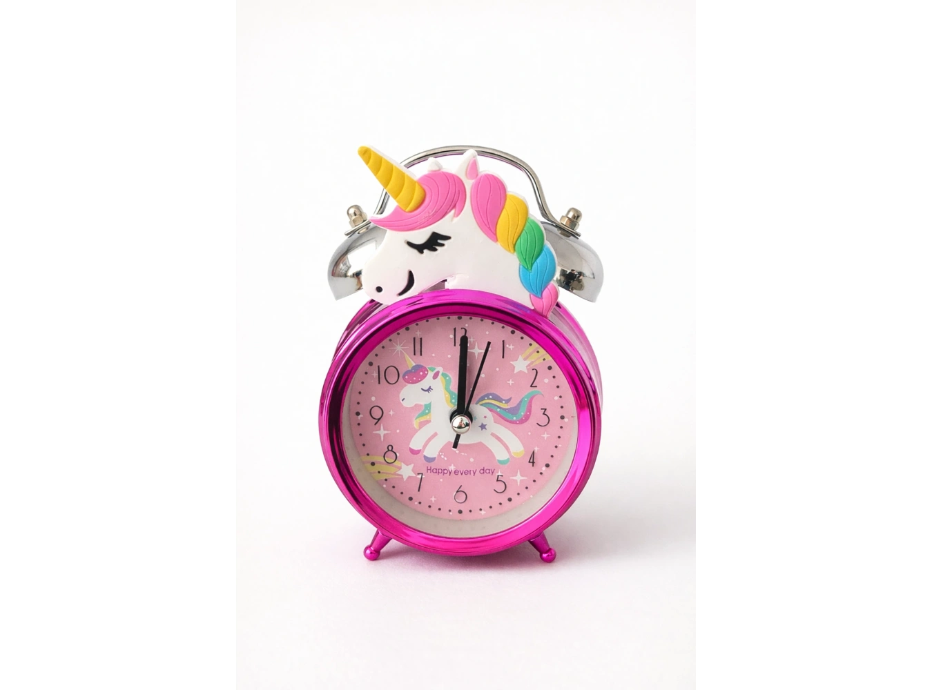 Pembe Renk Unicorn Figürlü Mini Dekoratif Işıklı Alarmlı Yuvarlak Masa Saati