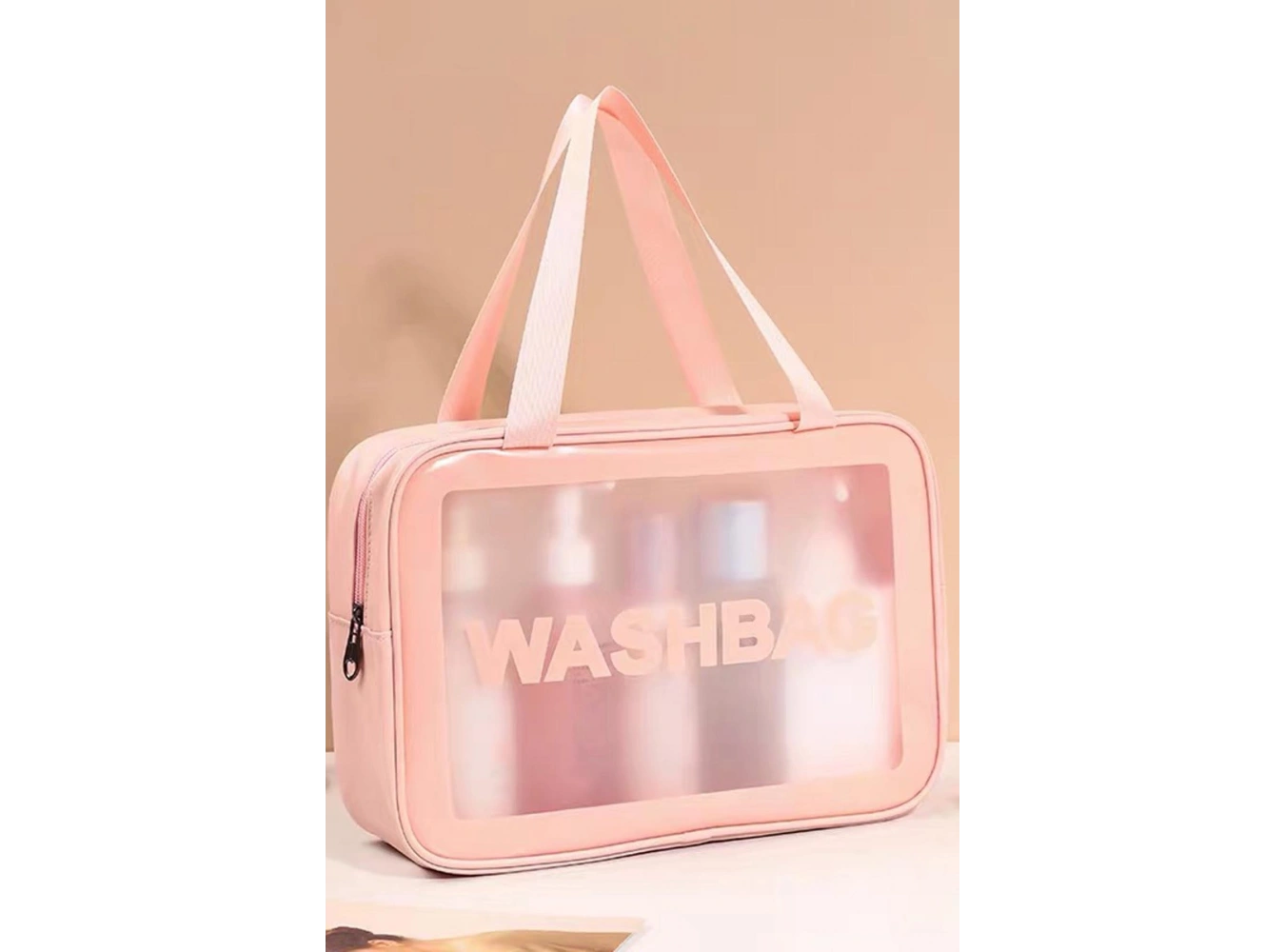 Pembe Renk Washbag Yazılı Su Geçirmez Büyük Boy Makyaj Çantası