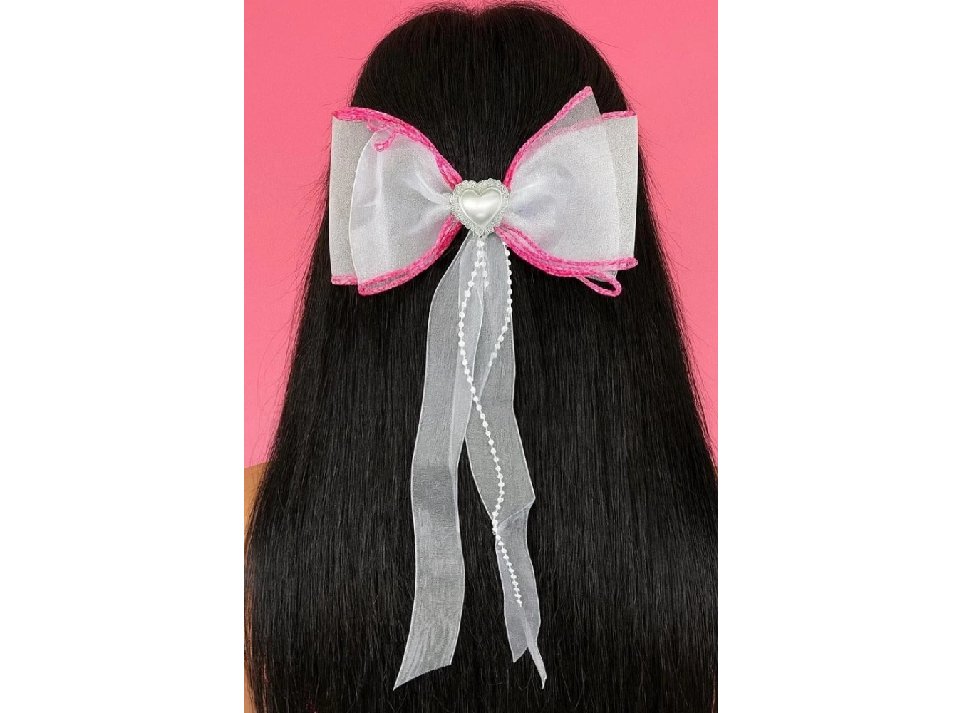 Pembe Ve Beyaz Renk Kalp Figürlü İnci Detaylı Kurdele Otomat Toka