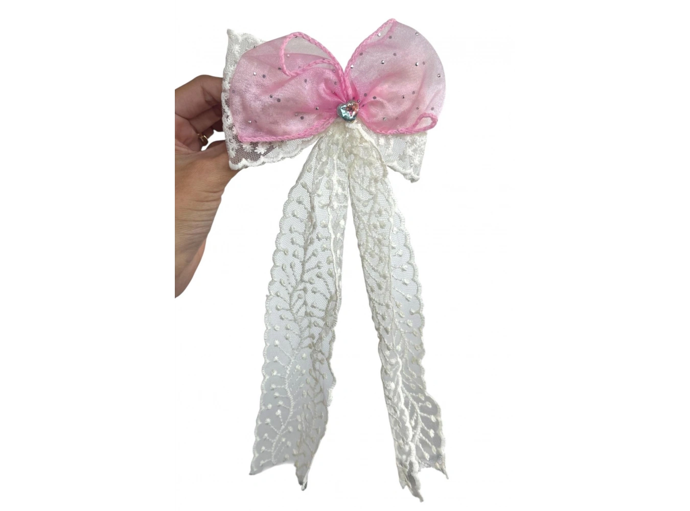 Pembe Ve Beyaz Renk Taş Detaylı Kurdele Otomat Toka