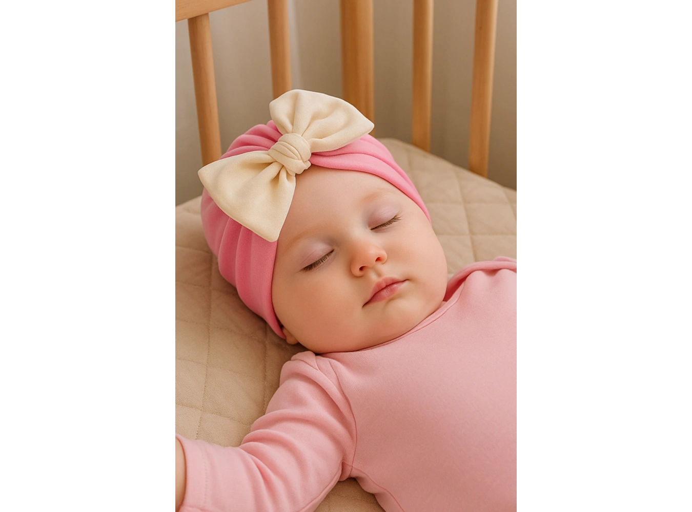 Pembe Ve Krem Renk Kurdele Figürlü Bebek Saç Bonesi