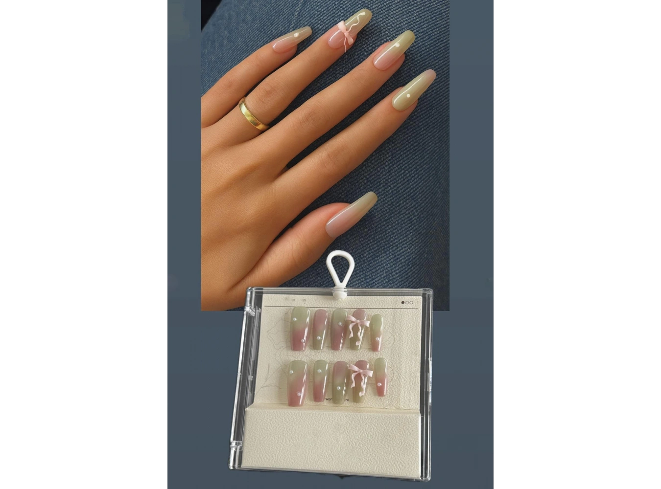 Pembe Ve Yeşil Renk Kurdele Figürlü Jel Tırnak Görünümlü 10lu Takma Tınak Set (Yapıştırıcılı)