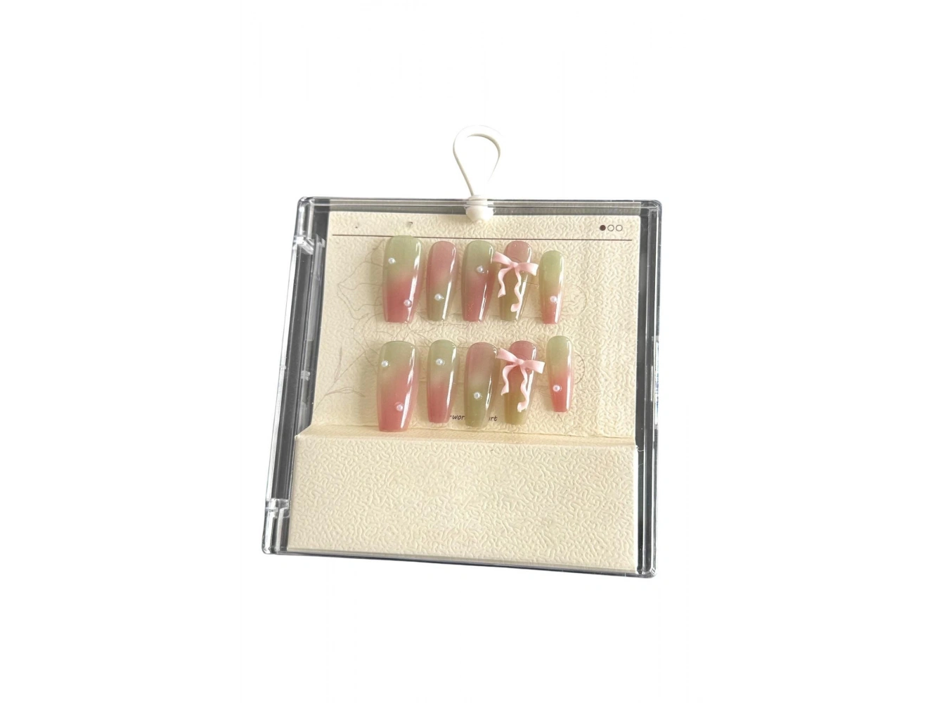 Pembe Ve Yeşil Renk Kurdele Figürlü Jel Tırnak Görünümlü 10lu Takma Tınak Set (Yapıştırıcılı)